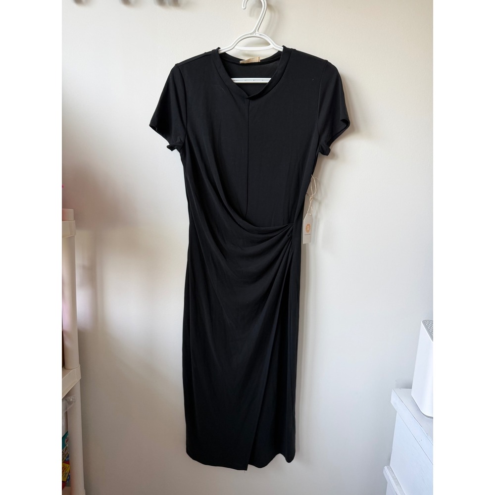 Chrysanthemum Black Ruched Side Drape Midi Dress Short Sleeve Crew Neck NWT M